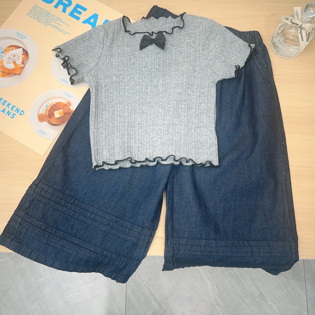 小言-2025女童夏季新款气质洋气蝴蝶结短袖搭配超软牛仔裤套装