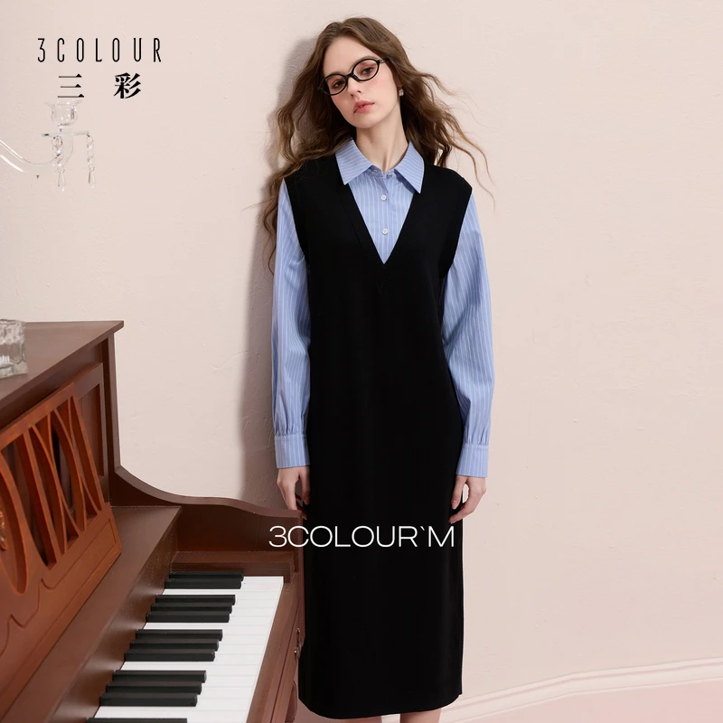 三彩2025秋冬季新款假两件黑色连衣裙拼接宽松直筒裙长裙休闲女M