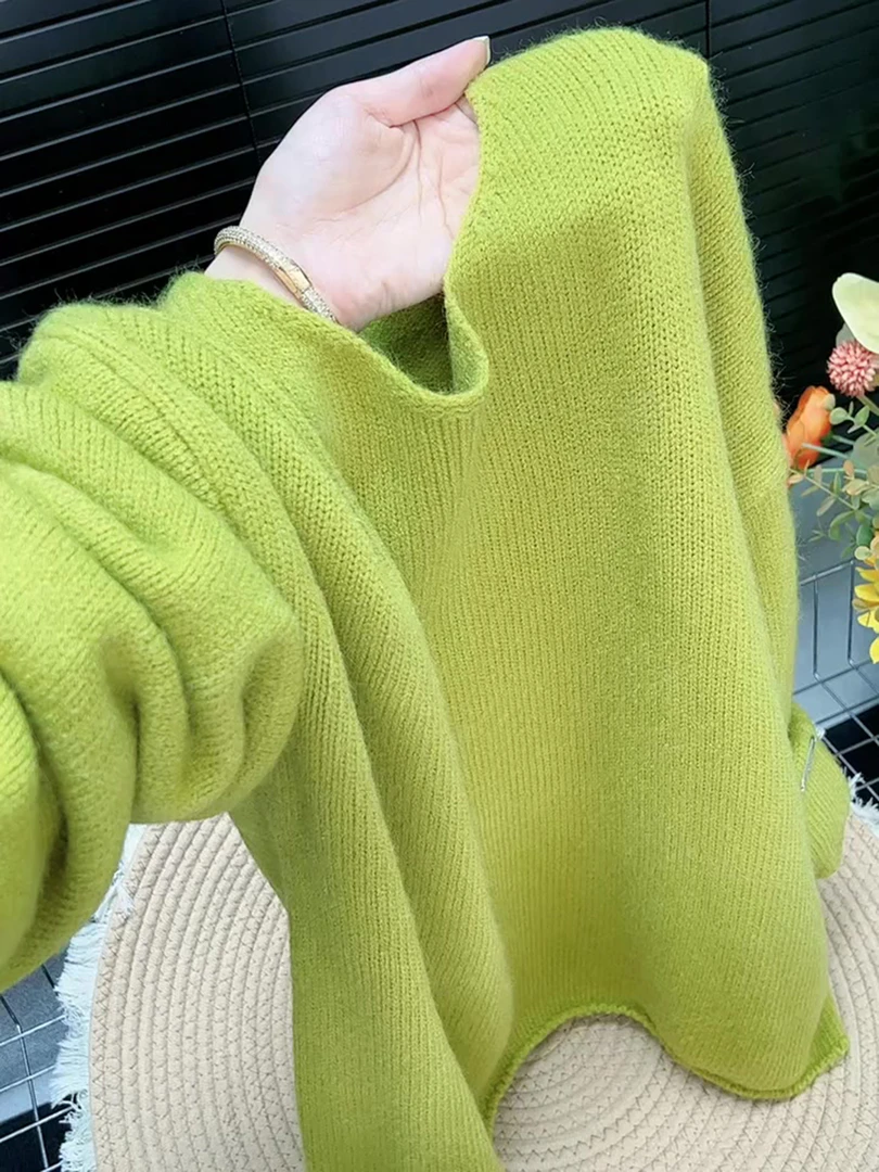 双11长袖圆领纯色绿色上衣女早秋简约舒适宽松显瘦休闲百搭针织衫