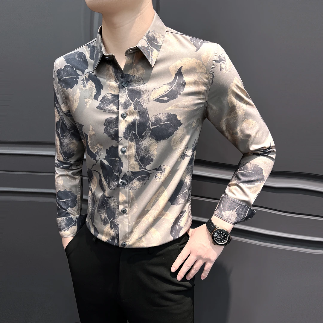 花衬衫男款长袖爆款2025新款网红款潮牌男装秋季印花修身男士衬衣