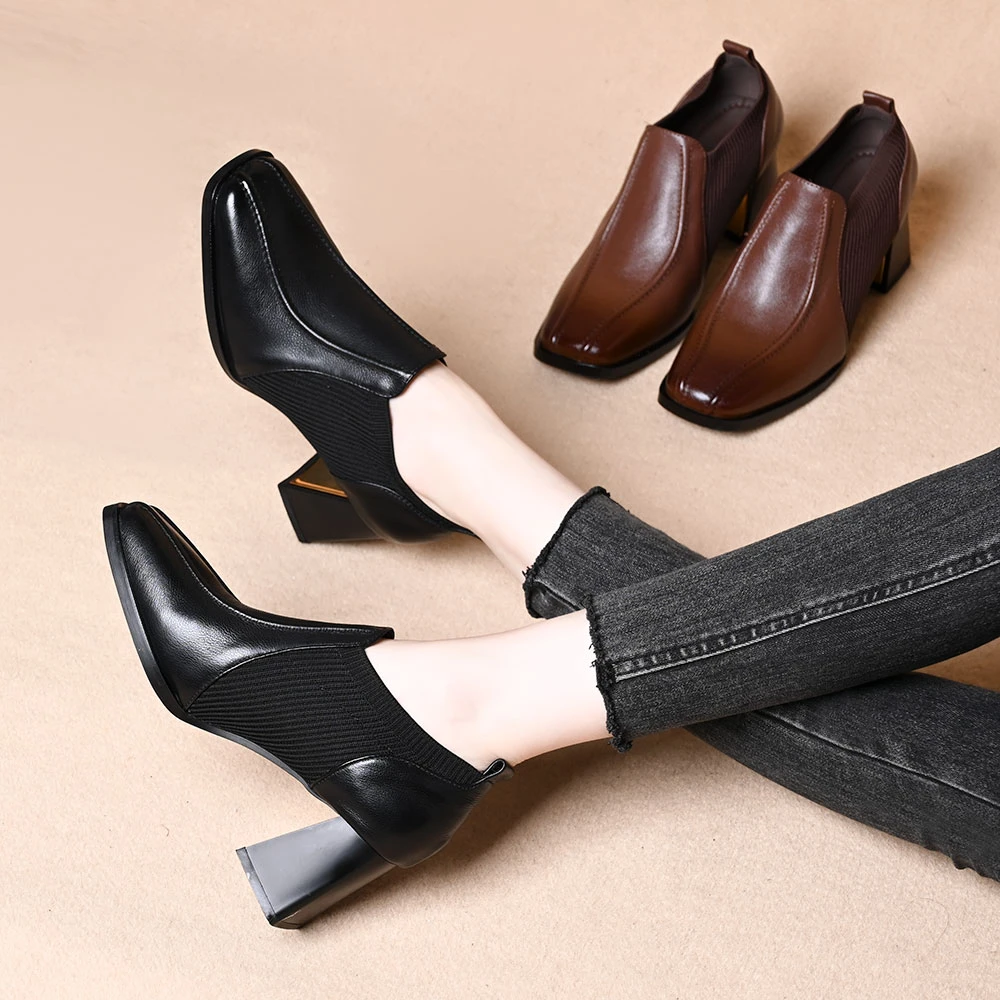 头层牛皮英伦风粗跟高跟鞋秋季深口复古毛线拼接设计时尚百搭单鞋