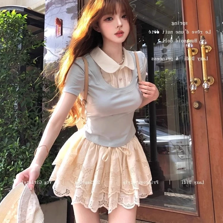 学院风假两件短袖t恤女夏季2025新款设计感修身显瘦翻领短款上衣