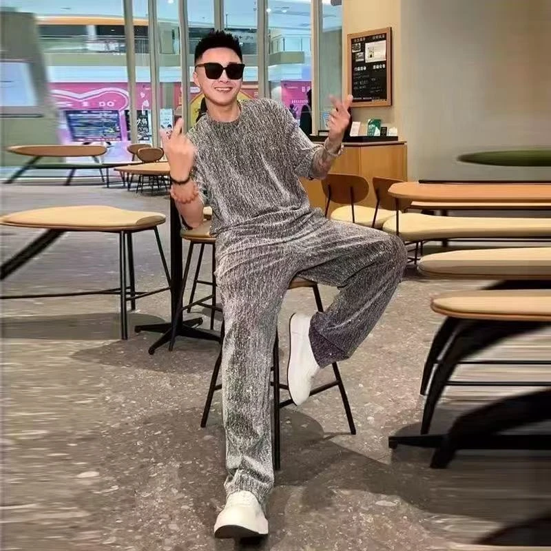 夏天新款满天星亮套装男士两件套潮流百搭圆领显瘦半袖直筒长裤子