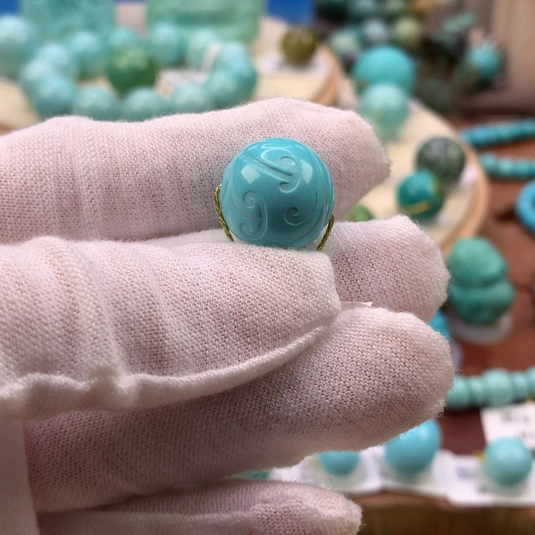 绿松石未镶嵌珠宝奇石高瓷蓝博古纹圆珠14.7mm