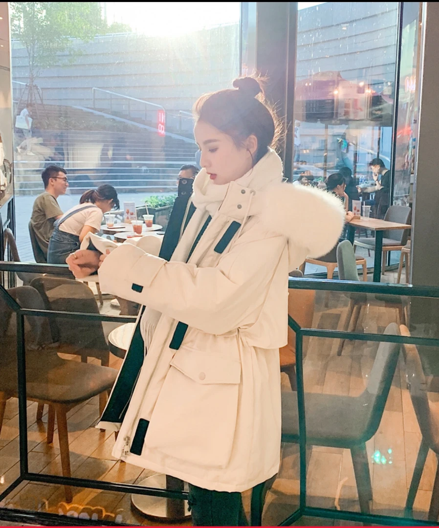 魔术贴羽绒服女短款连帽加厚韩版加绒百搭小个子洋气收腰保暖休闲