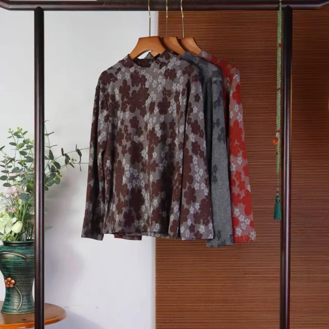 时尚妈妈装秋冬季加绒打底衫半高领正肩长袖小衫时尚提花女装上衣