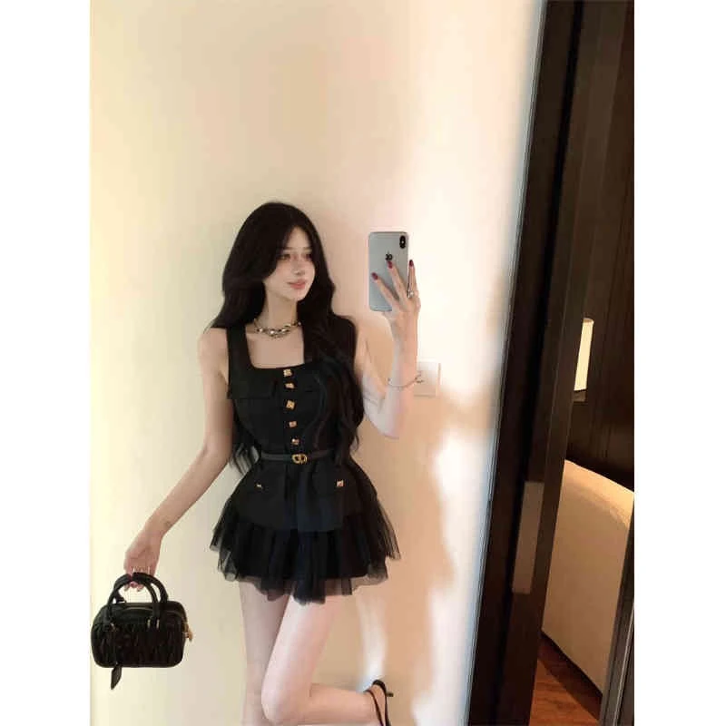 名媛风气质套装修身黑色无袖马甲背心女夏季高腰网纱半身裙两件套