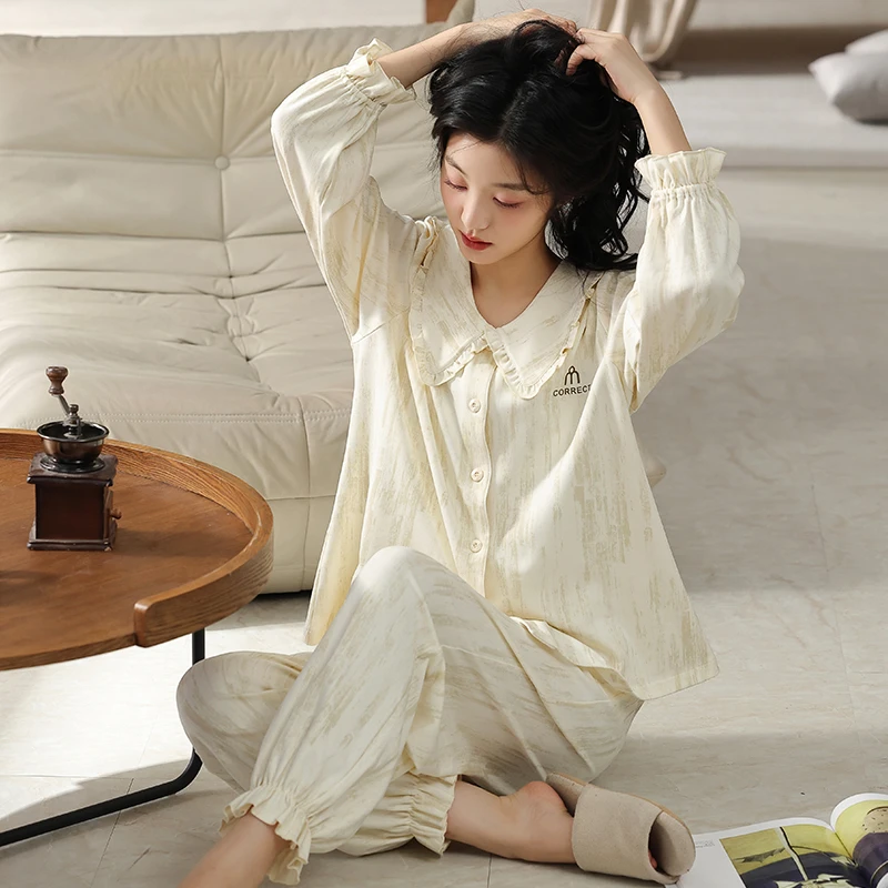 新款棉睡衣女秋冬季长袖娃娃领开衫休闲束腿裤可外穿家居服两件套