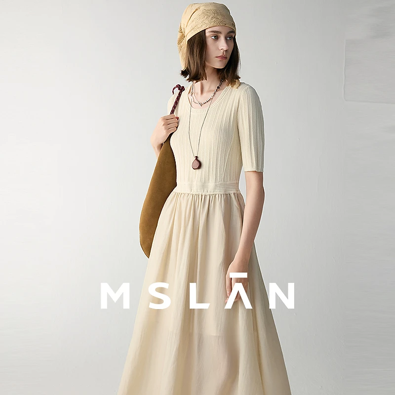 MSLAN智性通勤假两件时尚百搭拼接大U领莱赛尔短袖连衣裙MGBT5912