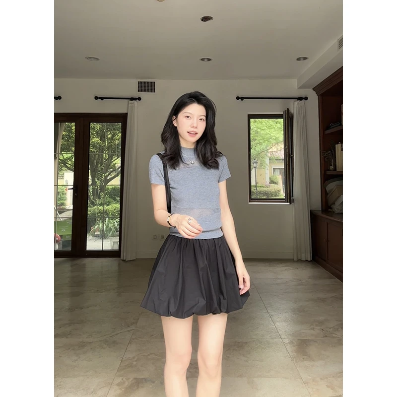 郭九九呢 羊毛设计感立领显瘦针织短袖花苞褶皱半身裙 G925Z04477