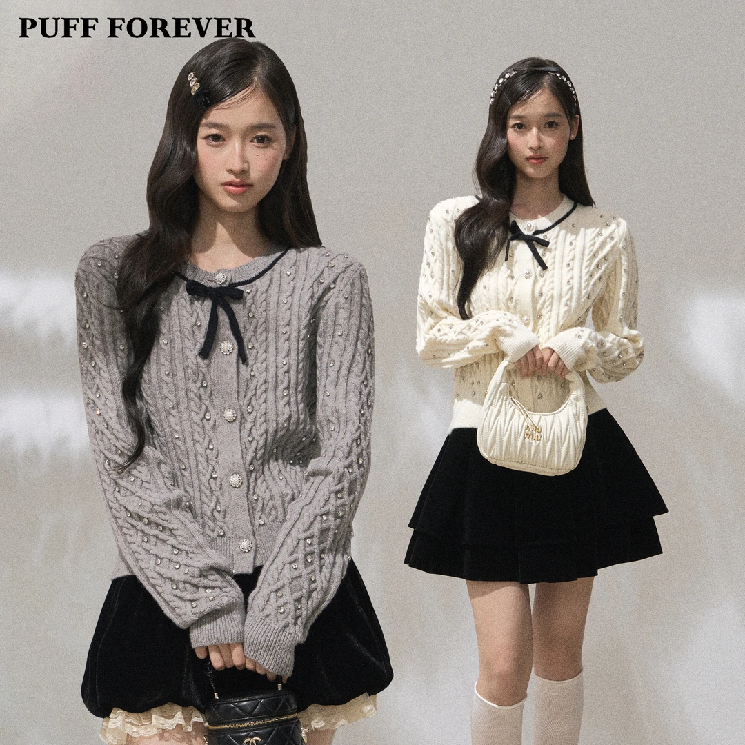 PUFFFOREVER“钻影流光”烫钻蝴蝶结韩系百搭修身毛衣针织开衫