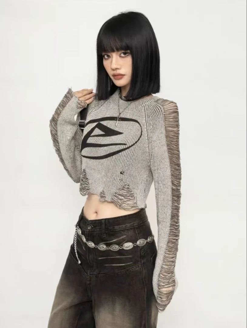 美式复古破洞拉丝长袖针织衫女设计感修身显瘦短款上衣