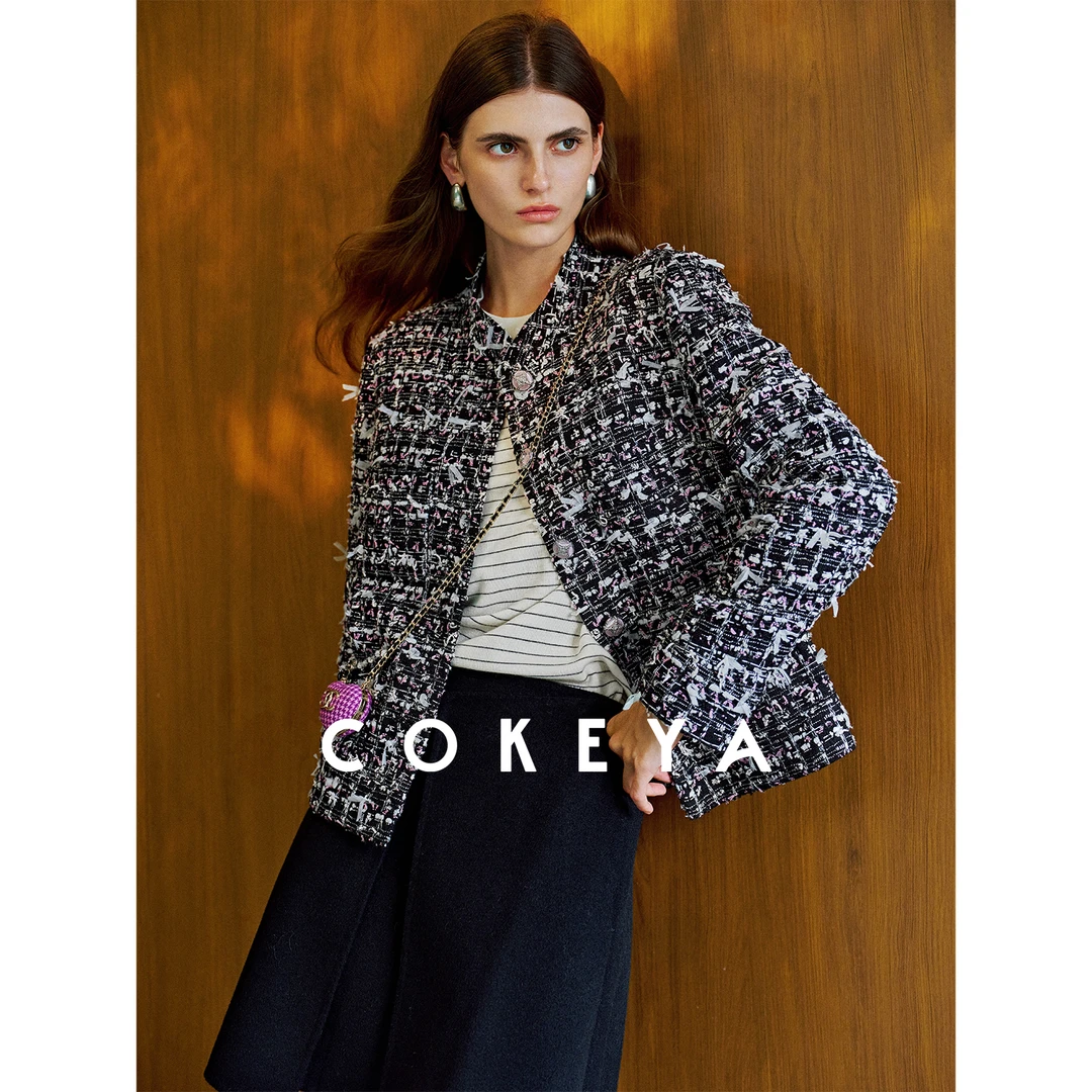 COKEYA/都市夜樱~意大利琎口和纸纱花式粗花呢小立领箱型香风外套