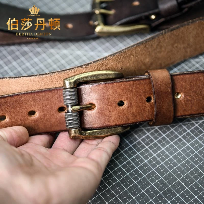 伯莎丹顿牛仔皮带男士新款简约真皮腰带复古头层牛皮铜扣做旧裤带