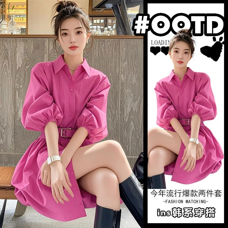 御姐穿搭轻奢高级感小众玫红色翻领连衣裙女2025年春季气质衬衫裙