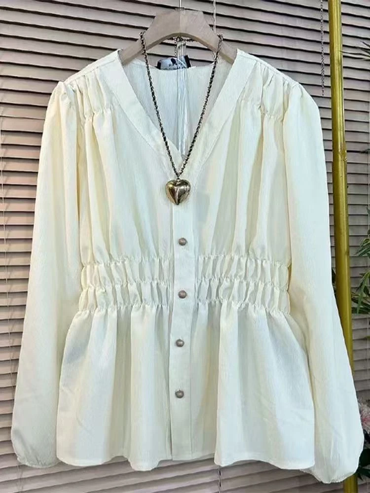 693-收腰褶皱 长袖V领衬衫