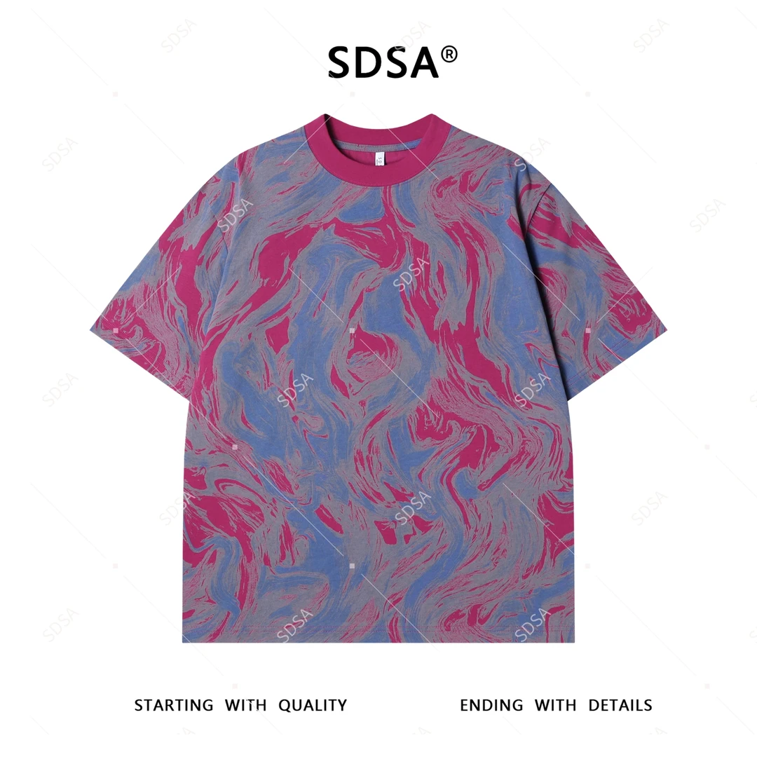 夏季高级感新款男士美式扎染水波纹设计短袖T恤百搭时尚圆领上衣