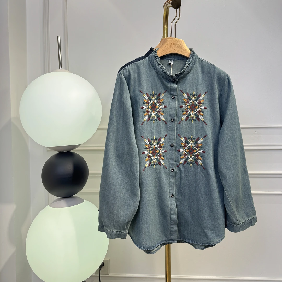 iselrag《亿瑟礼色彩》女装新款重工刺绣宽松牛仔衬衫长袖复古时尚