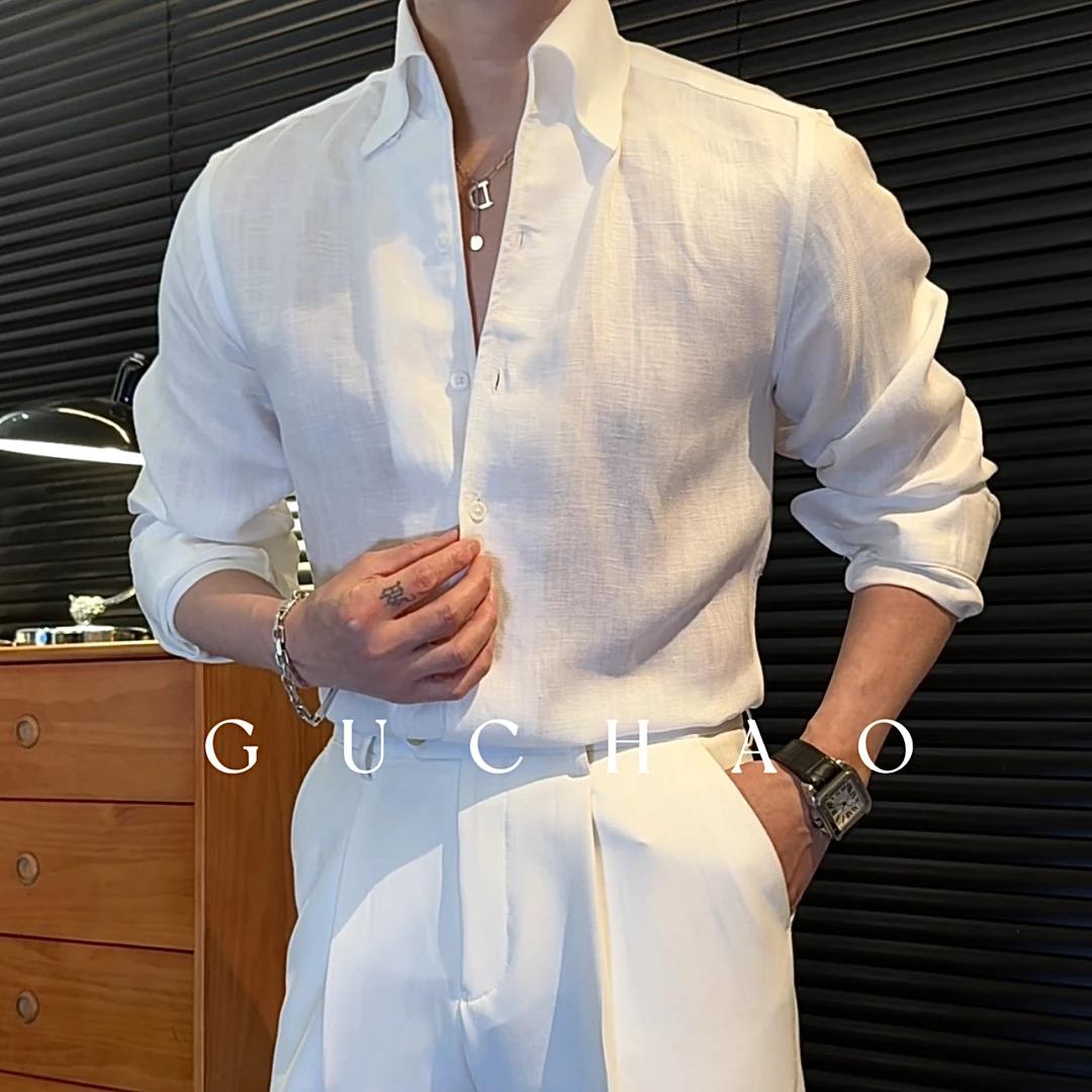 【Gc-古潮】--夏季-意式一片领高级天丝*亚麻透气凉感轻奢长袖衬衫