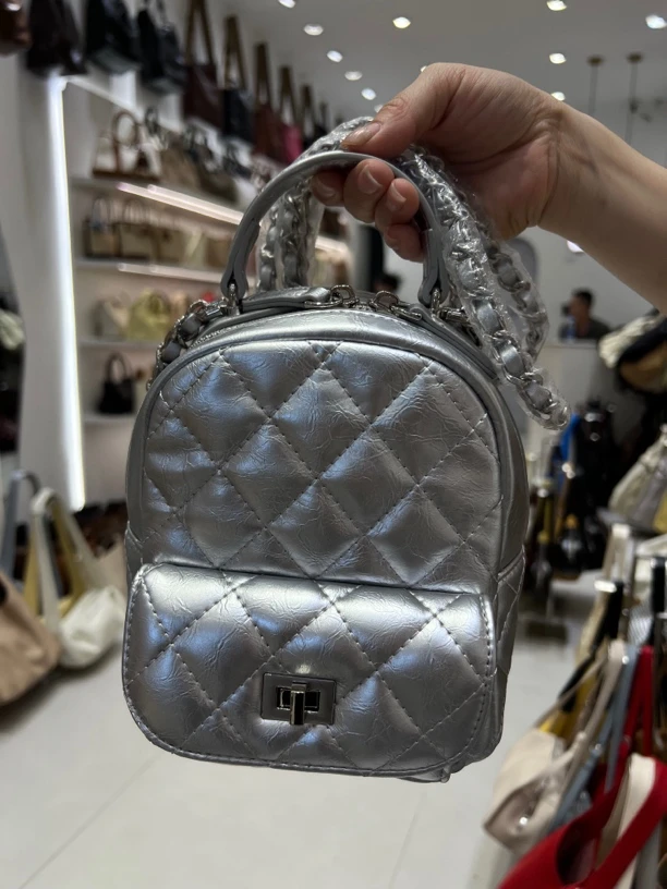 MUZI沐子6688双肩包女士女双肩背包新款背包牛皮双肩背菱格银色