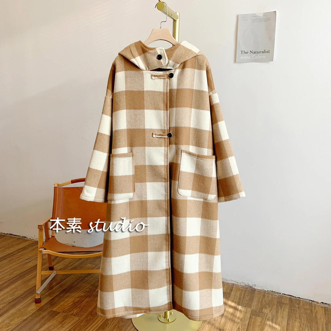 C2205格纹大口袋连帽毛呢外套