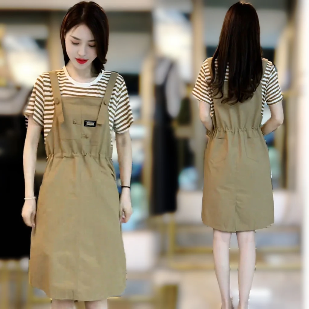 休闲中长款假两件连衣裙女2025夏季新款宽松显瘦减龄条纹长裙子