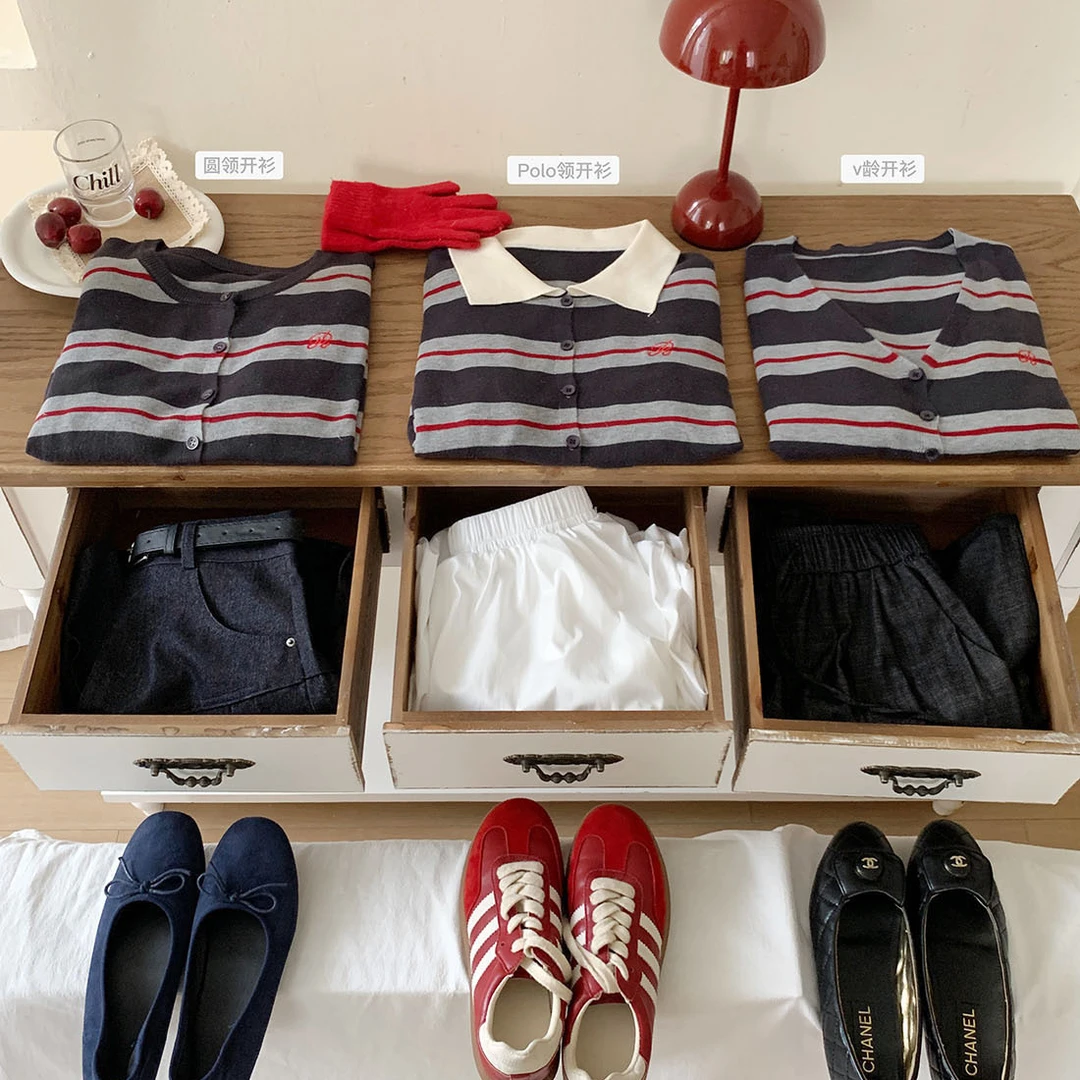 三种设计别致复古撞色条纹针织开衫女早秋韩系小刺绣休闲外套上衣