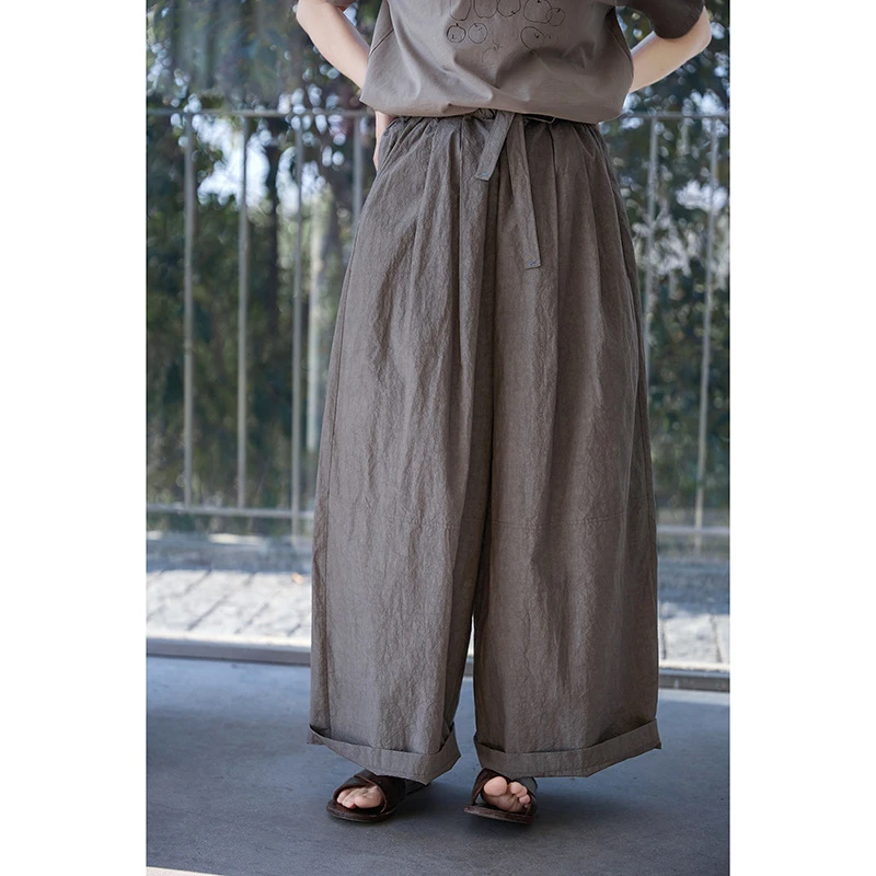 夏季新款文艺复古青褐灰纯棉原创女裤日晒干百搭休闲宽松大阔腿裤