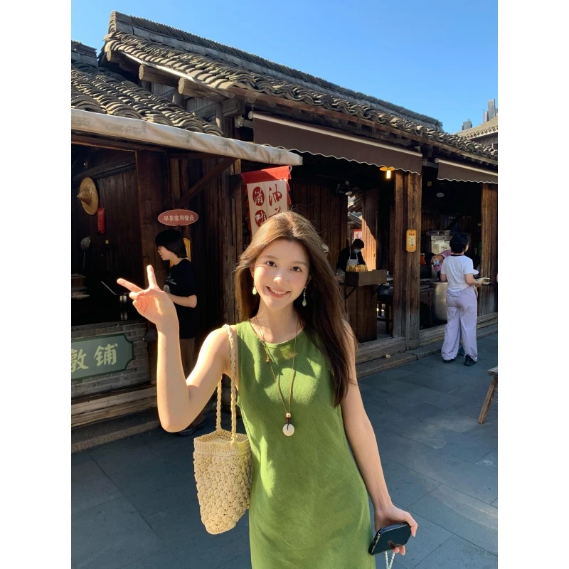 MARIE.COCO法式复古简约大方圆领背心连衣裙夏季显白修身气质长裙