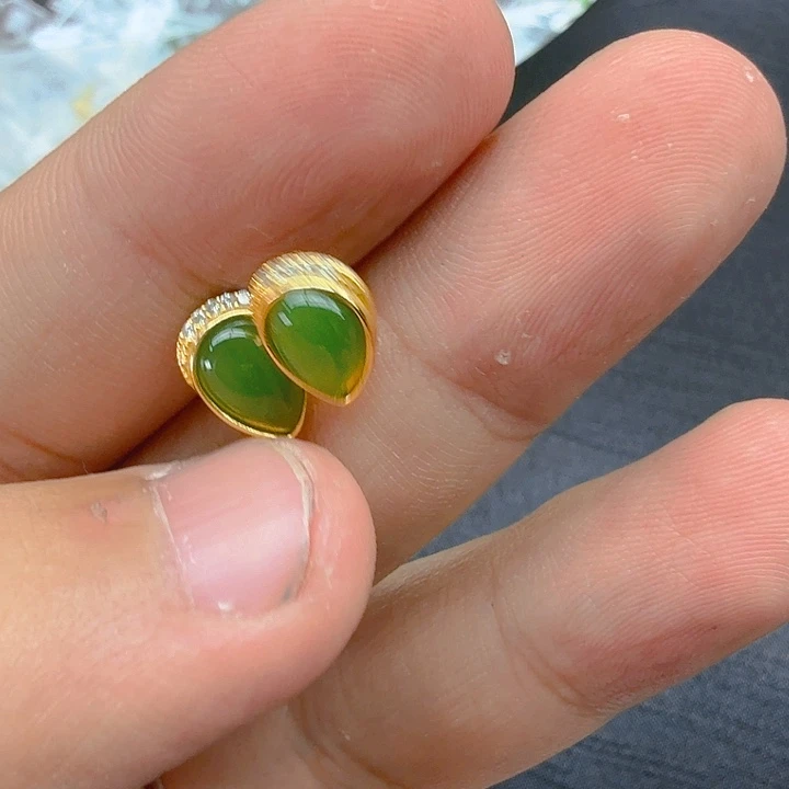 和田玉（碧玉）耳饰银S925镀金镶嵌