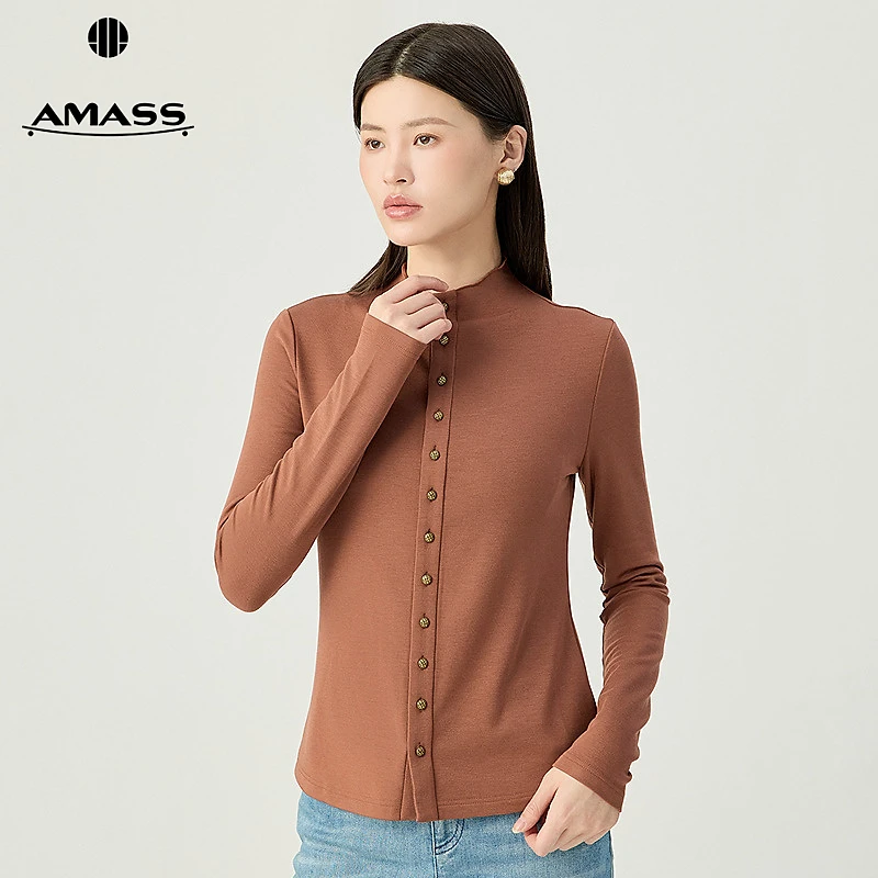 阿玛施AMASS 经典百搭优雅基础款小立领排扣纯色长袖衬衫5301016