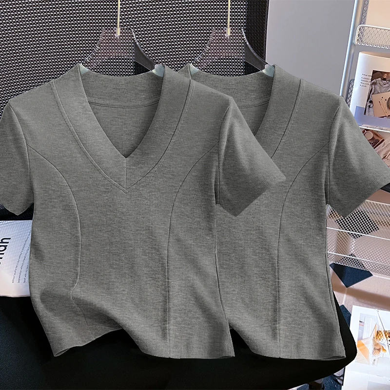 【认准正版】V领正肩短袖T恤女夏季韩版修身内搭打底衫鱼骨正肩上衣