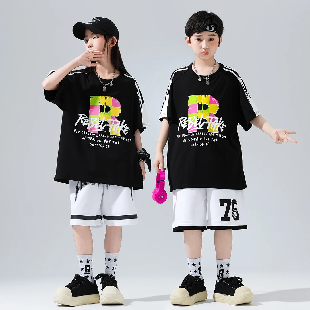 街舞儿童潮服夏季男女童童帅气T恤短裤嘻哈hiphop舞蹈演出服套装