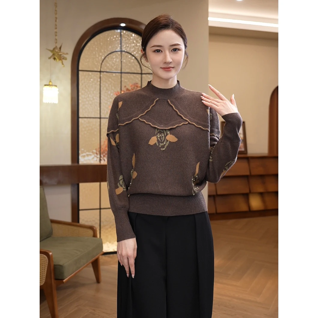 现货2025秋冬新款【LT-1268JR】含绵羊毛时尚提花棕色长袖针织毛衣