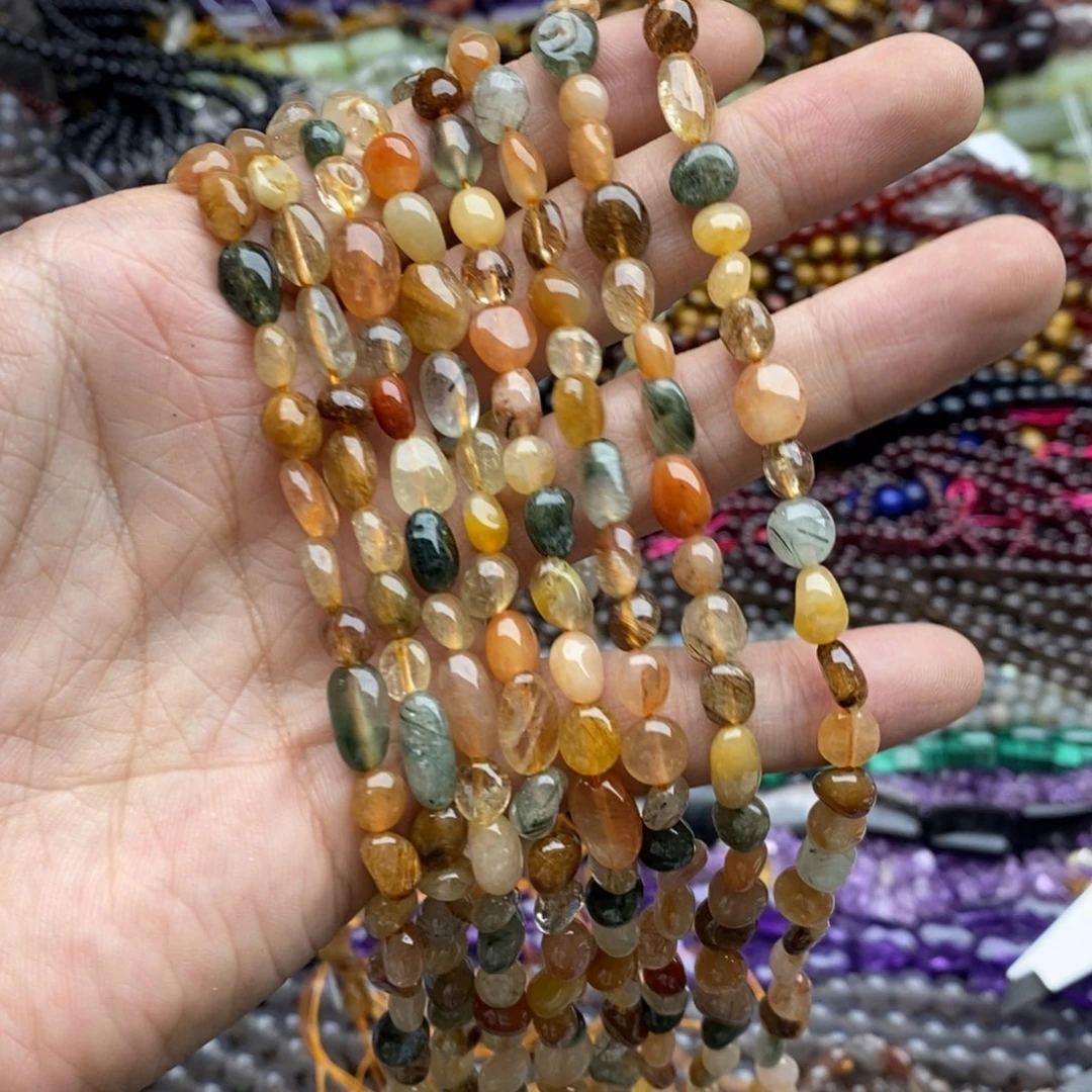 玛瑙/玉髓未镶嵌珠宝半成品一条天然兔毛水晶多宝糖豆7mm