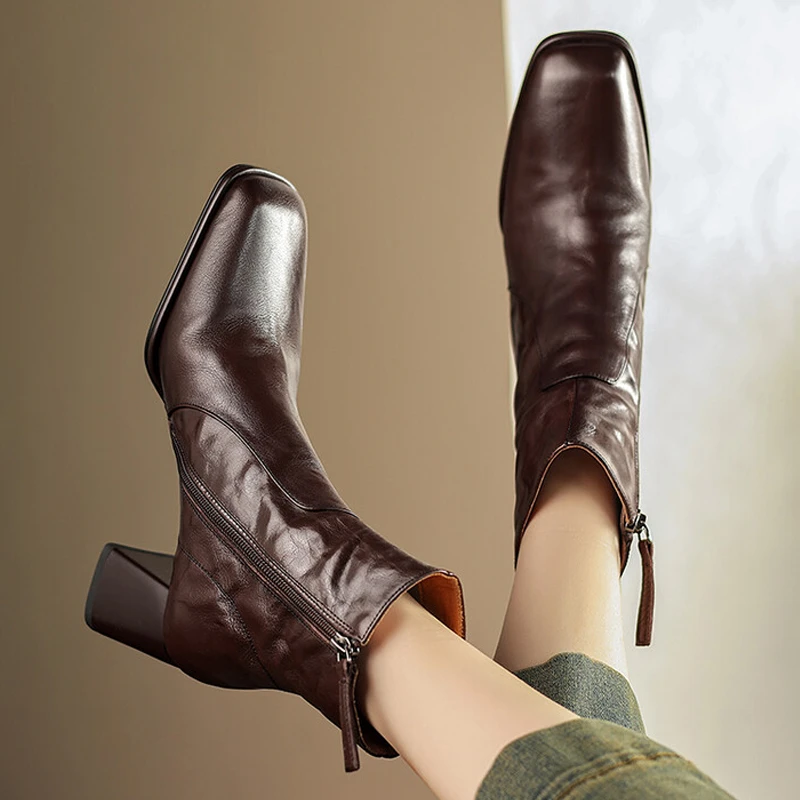 真皮气质高跟鞋粗跟方头短靴女潮牌百搭英伦风复古侧拉链马丁靴子