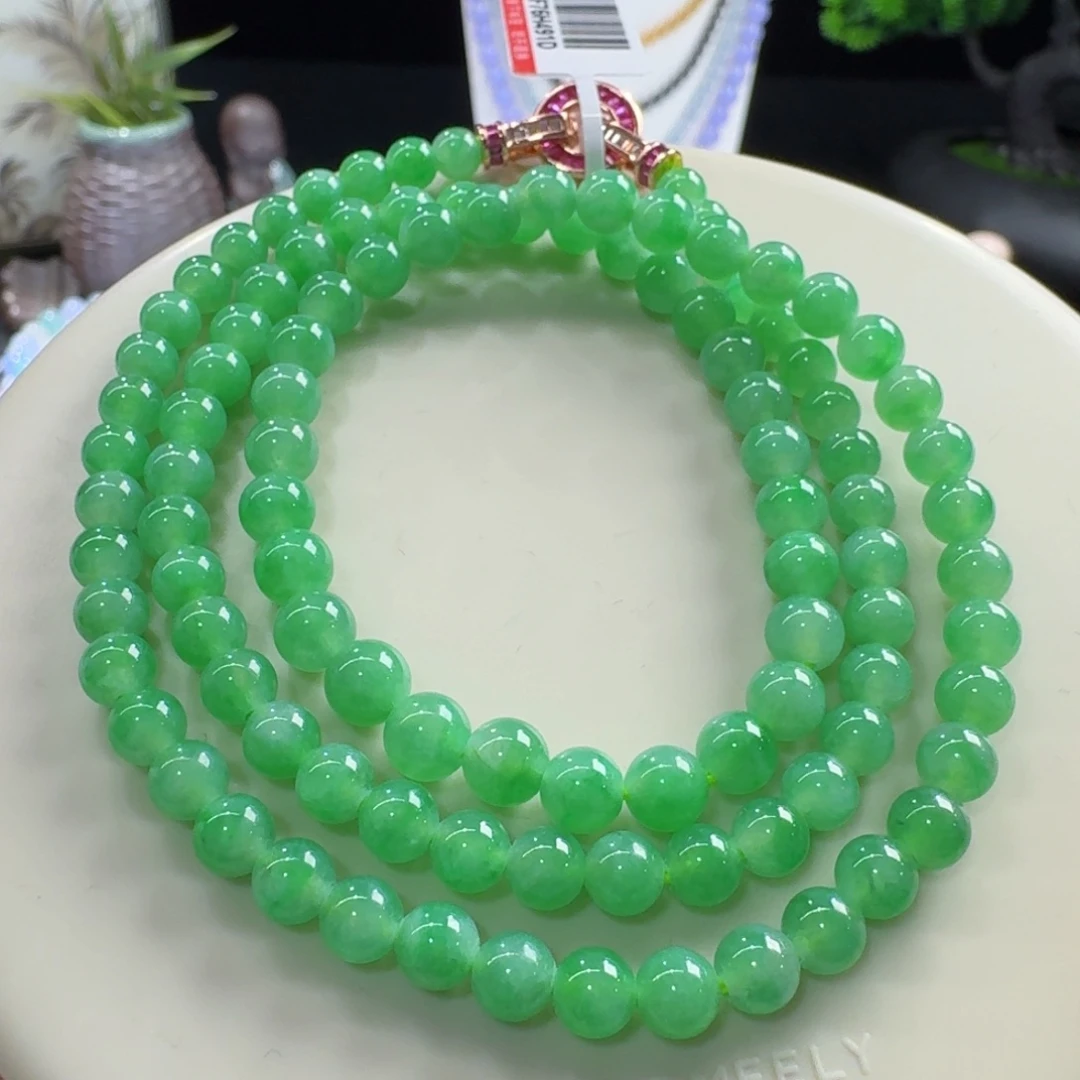 翡翠未镶嵌手链冰胶木纳飘阳绿长串5.4-6mm