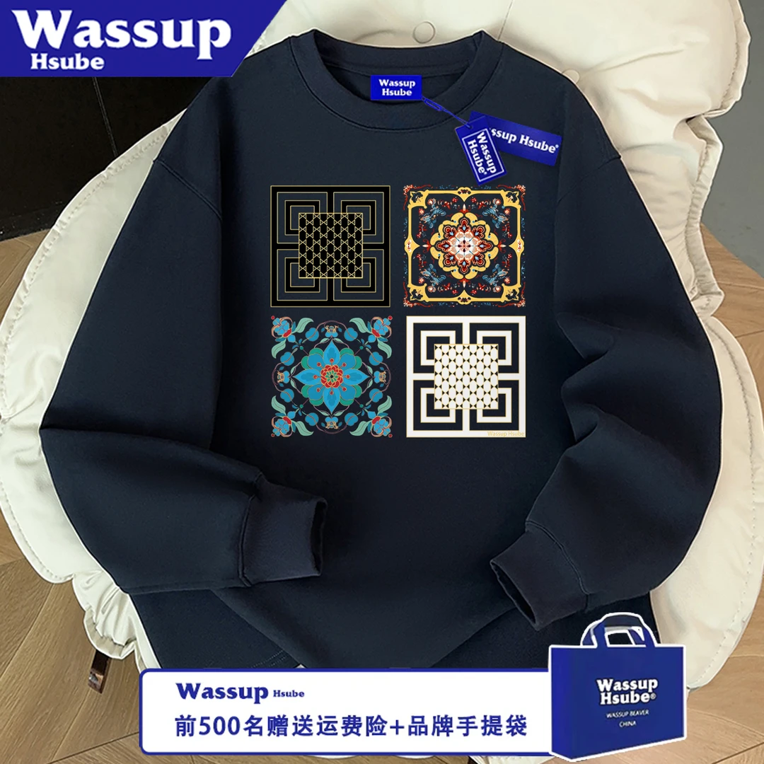 WASSUP HSUBE百搭美式休闲宽松长袖圆领艺术花卉秋冬印花情侣上衣