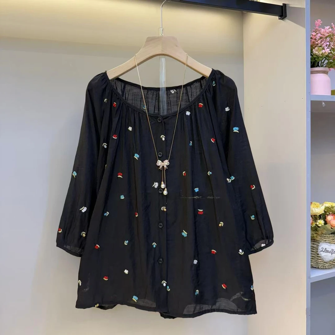 2025森系刺绣碎花简约气质衬衫薄款设计感宽松上衣