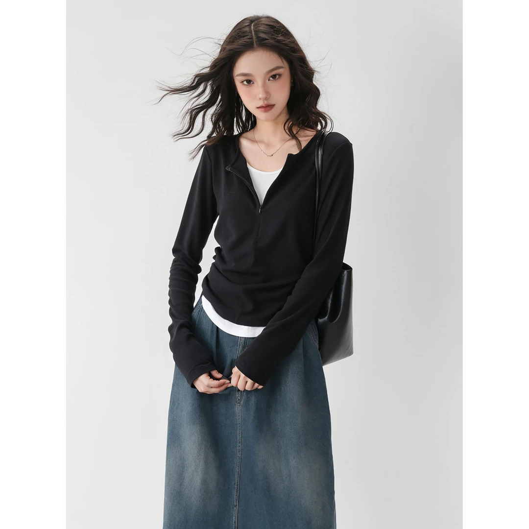 撞色假两件针织打底衫女秋冬季抓绒内搭V领长袖显瘦T薄款恤上衣