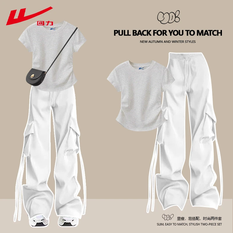 回力短袖小个子T恤女纯棉夏季多巴胺两件套冷淡系夏装工装裤小众