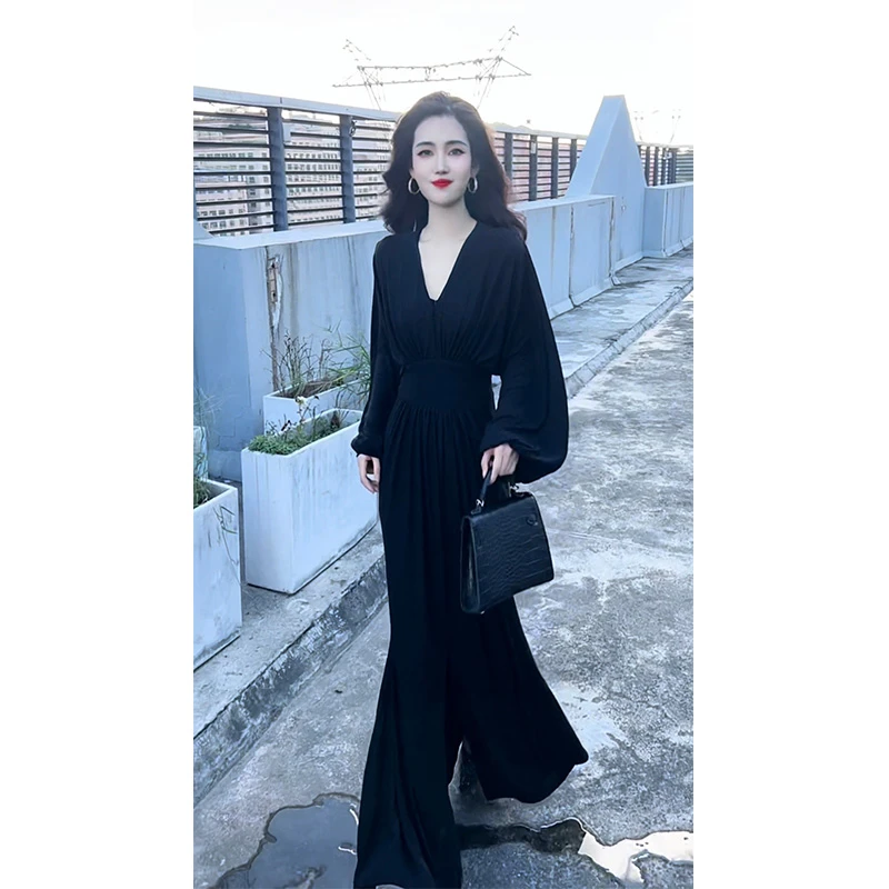 2025秋季新品高级感奢华带钻弹力连衣裙气质女遮肉显瘦长裙61875