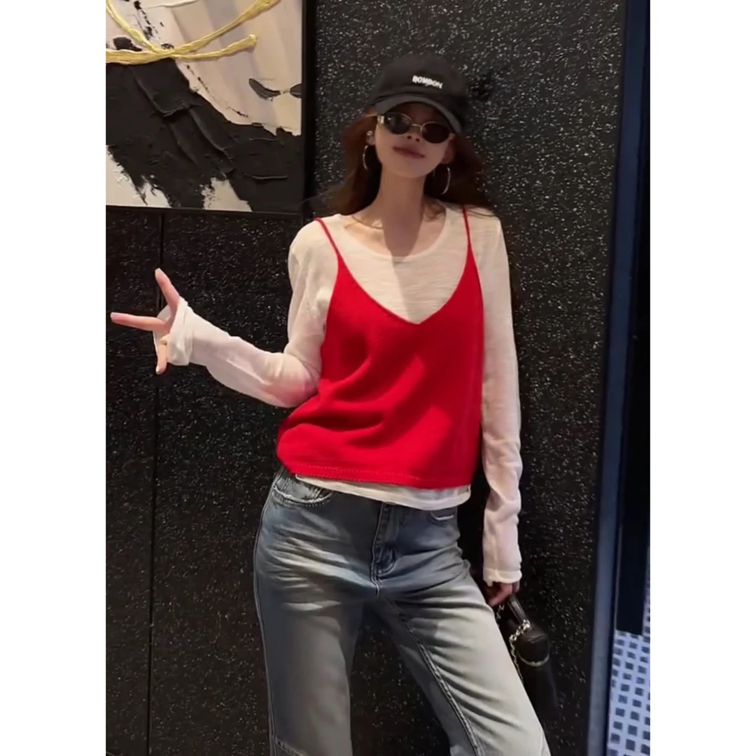 春季减龄撞色针织吊带+圆领百搭长袖打底衫上衣两件套