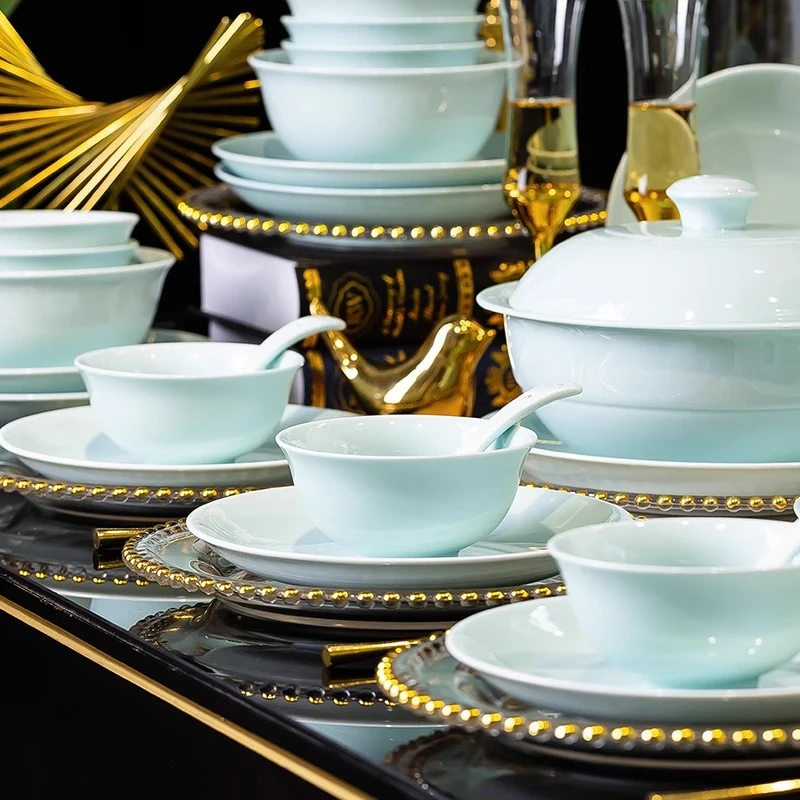 天青釉语【10人位60件】高温瓷轻奢高档简约欧式家用餐具套装碗盘碟