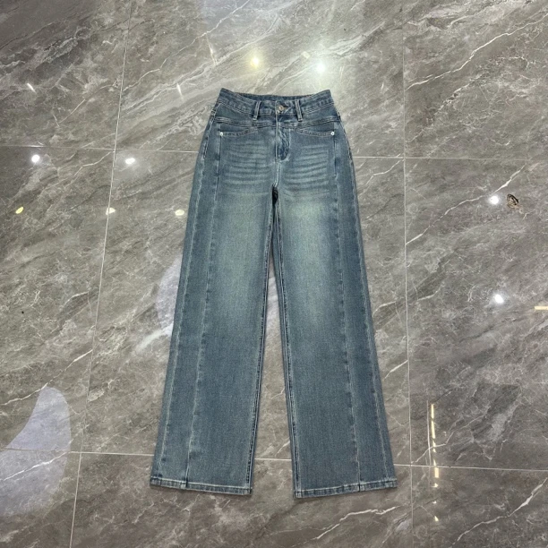 90877秋季新款阔腿牛仔裤女窄版复古宽松显高显瘦气质百搭蓝色