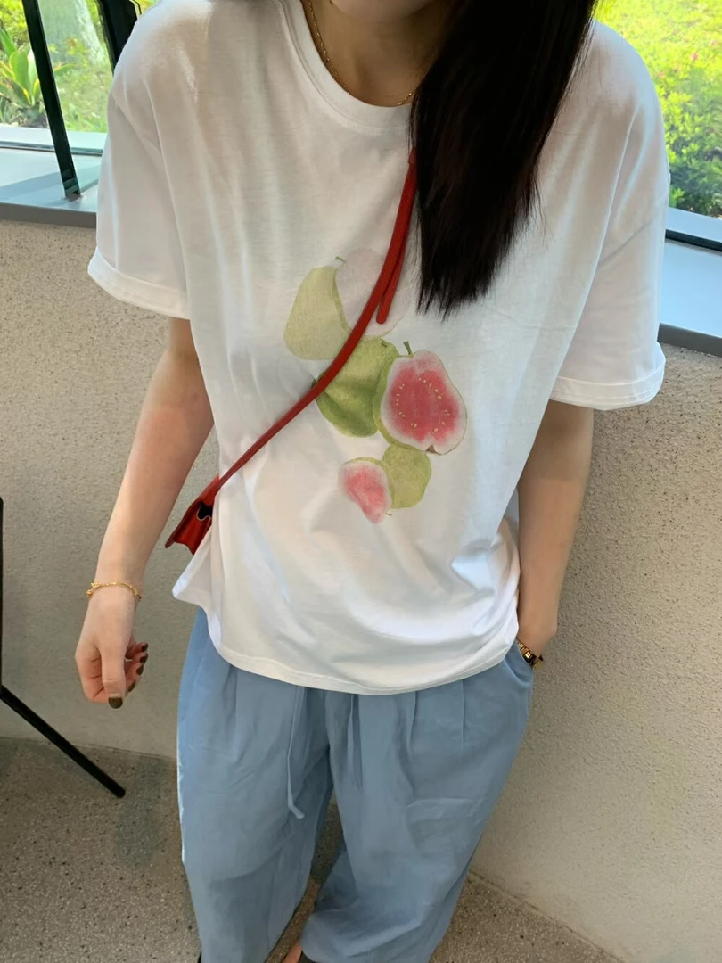 印花短袖慵懒短袖T恤宽松夏季显瘦白色透气甜美可爱风格衣服纯棉