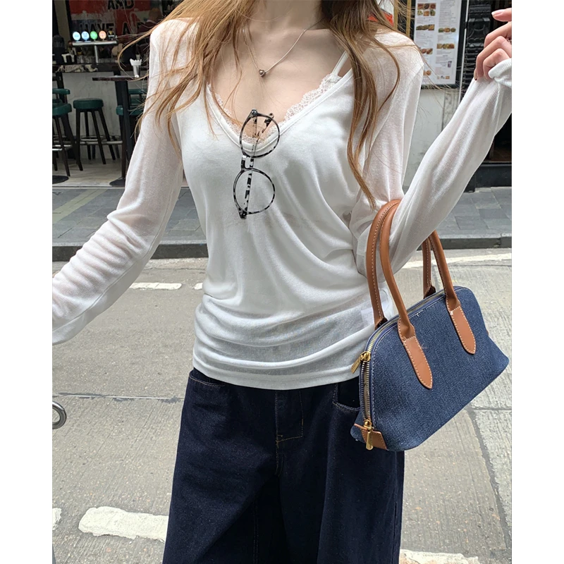 纯欲小心机辣妹v领亲肤防晒T恤衫女春夏韩版气质内搭蕾丝吊带上衣