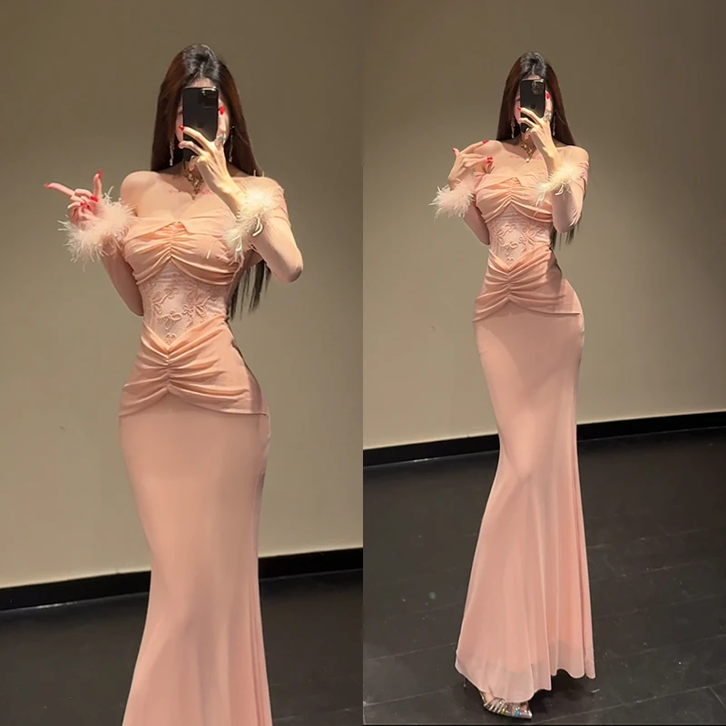 j8/c218【JOJO】【粉色云霞】气质藕粉一字肩长袖连衣裙修身显瘦长裙