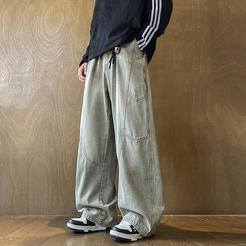 美式复古渐变牛仔裤男秋季宽松阔腿裤加肥加大码水洗百搭直筒裤