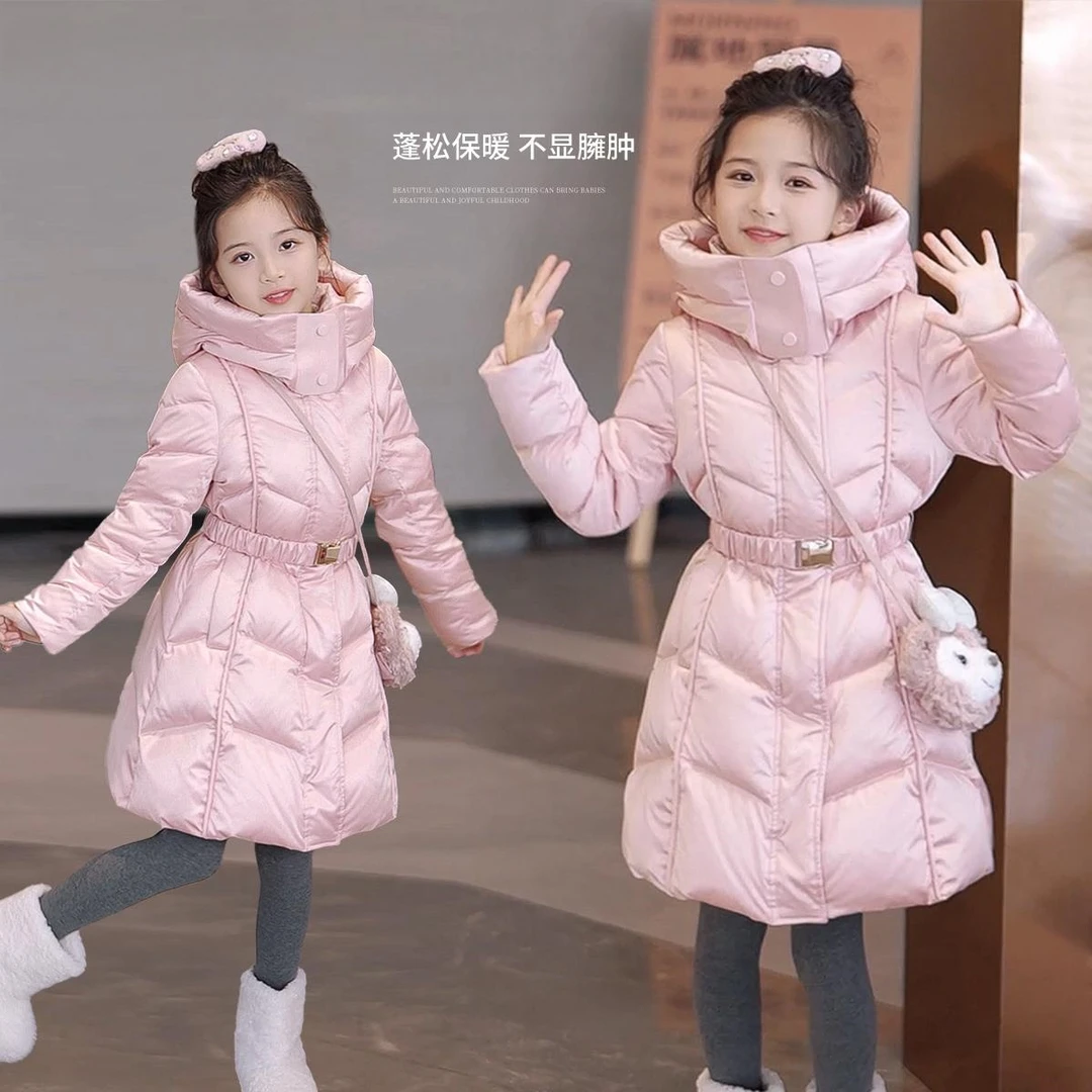 新款冬季女童粉色棉服保暖加厚长款儿童外套潮酷痞帅童装